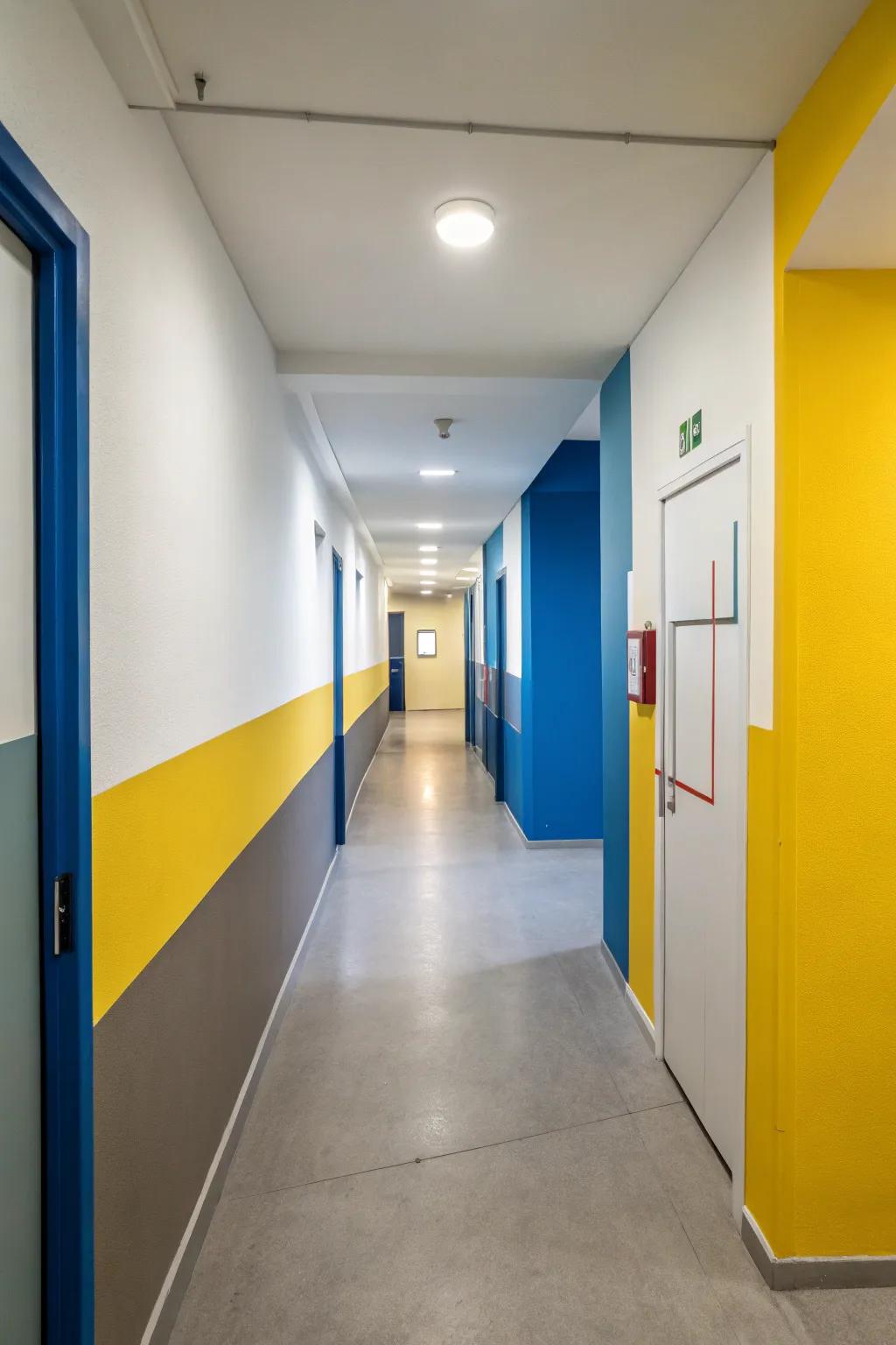 Chromatic division infuses playful dynamics into your entrance hall.