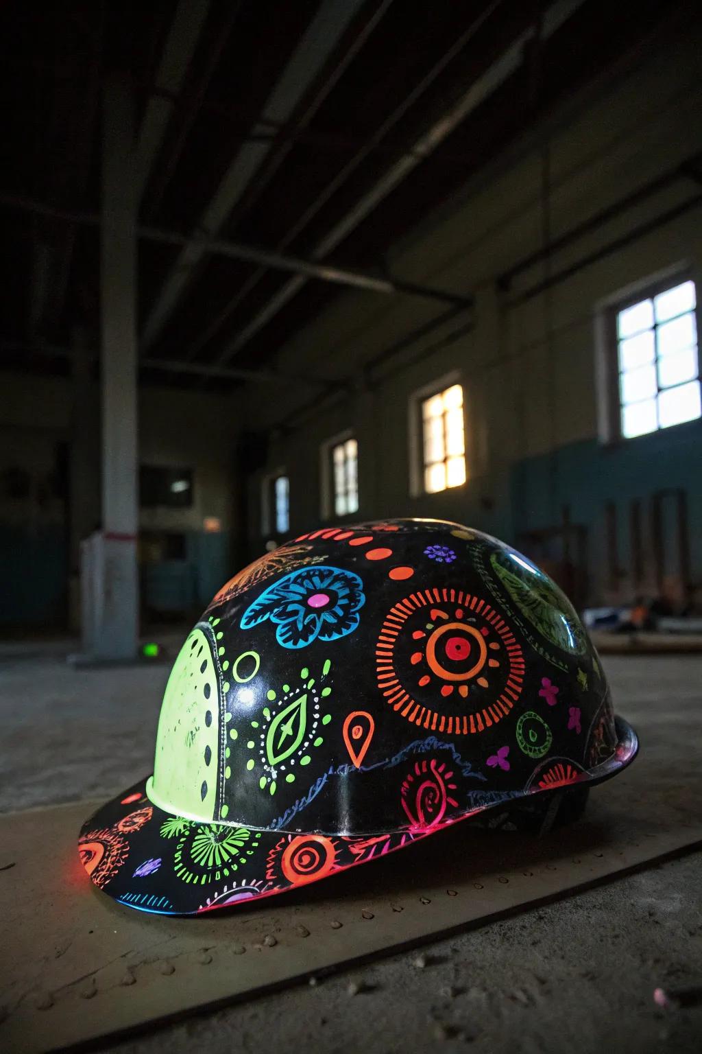 A hard hat radiating brightly with luminosity through glow-in-the-dark ingenuity.