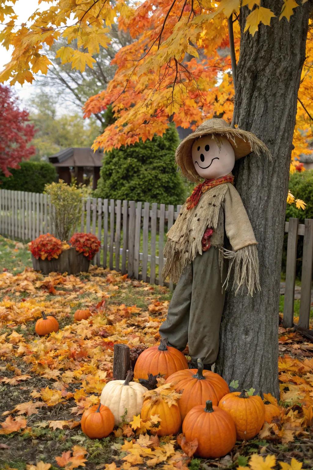 A capricious scarecrow imparting allure to the garden.