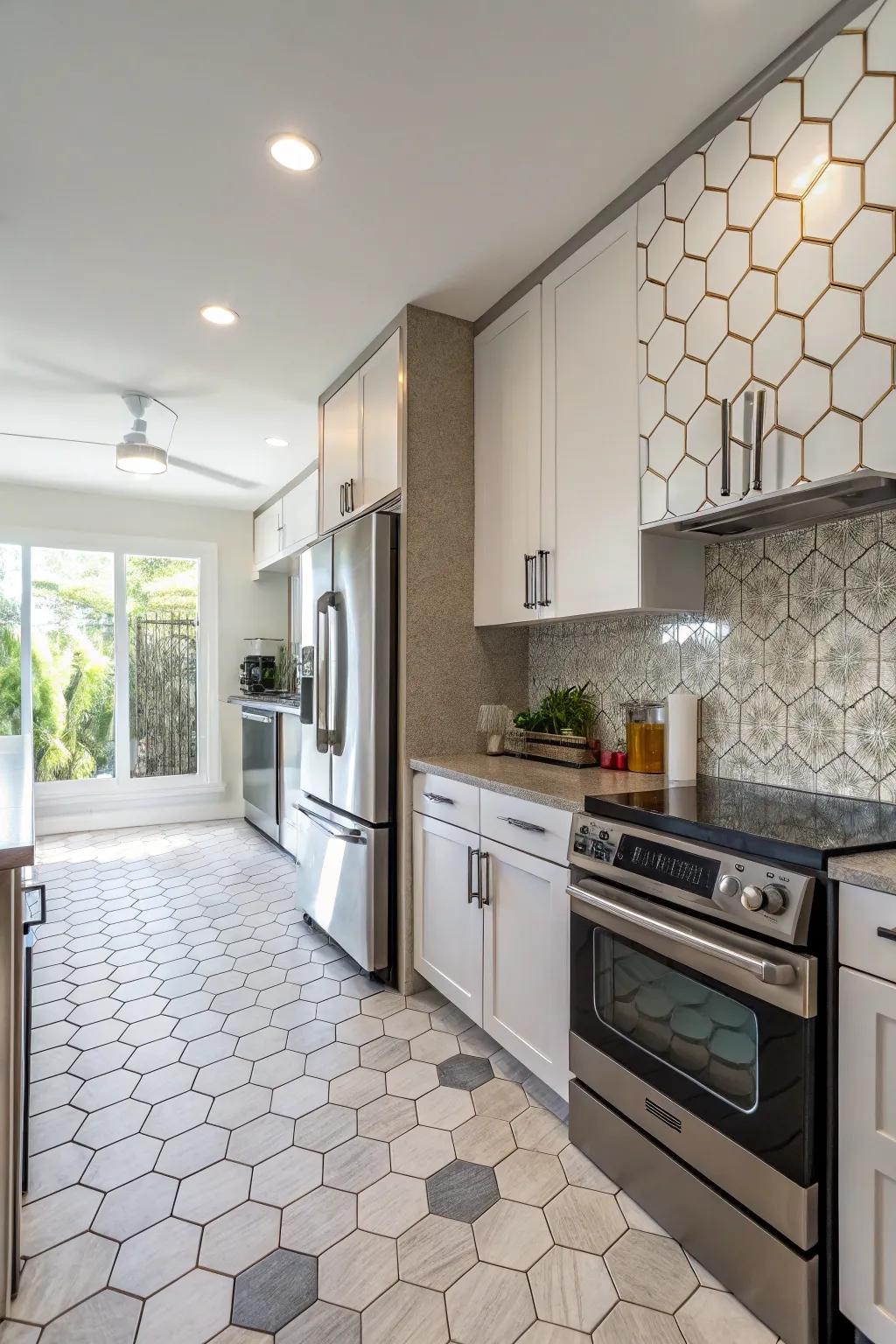 Incorporate the hexagon motif in your appliances for a harmonious kitchen aesthetic.