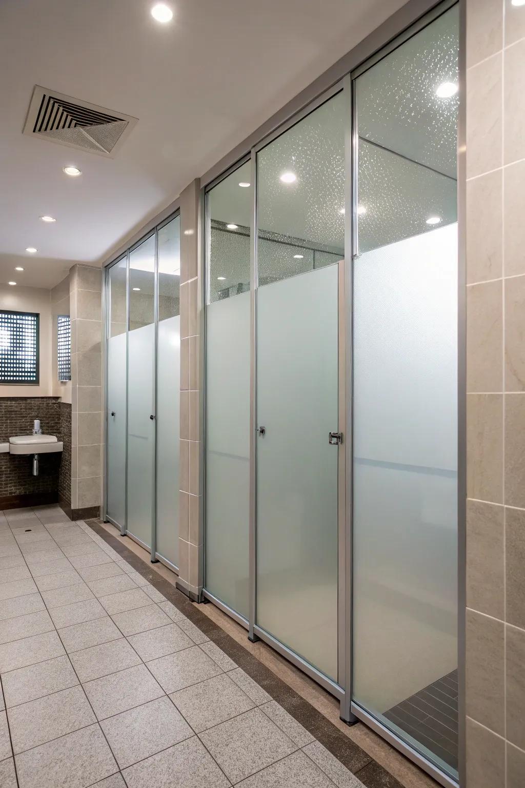 Glaciated glass separations proffer privacy and light in a concealed shower.