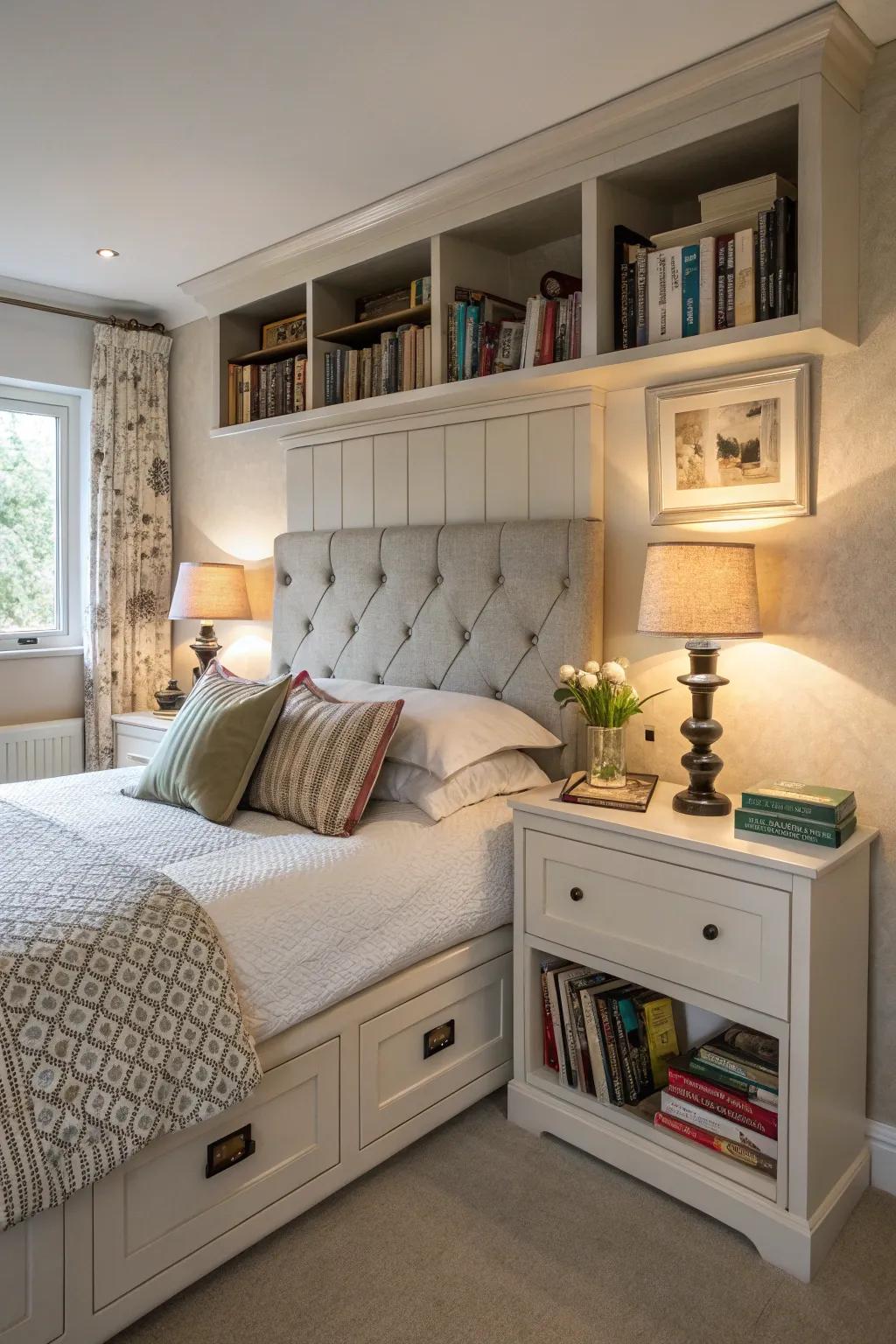 Headboard with hidden storage for a tidy bedroom