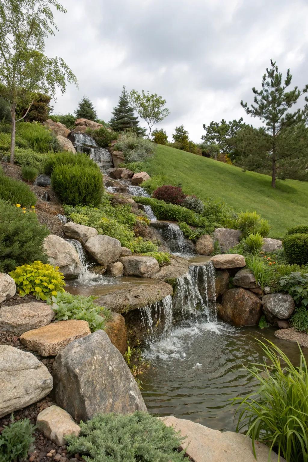 Waterfalls and other water features give hillside gardens a sense of peace.