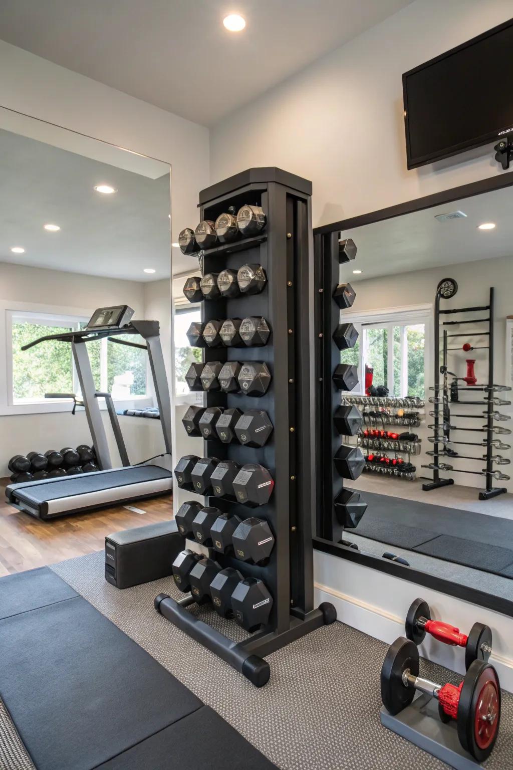 Vertical storage solutions facilitate a tidy and productive workout setting.