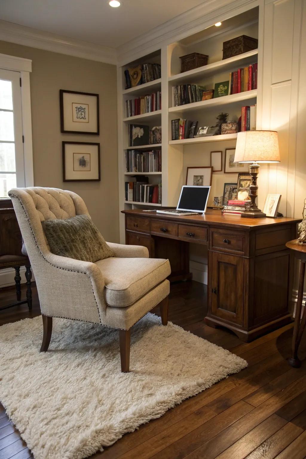 Wool rugs contribute warmth and texture to your home office configuration.