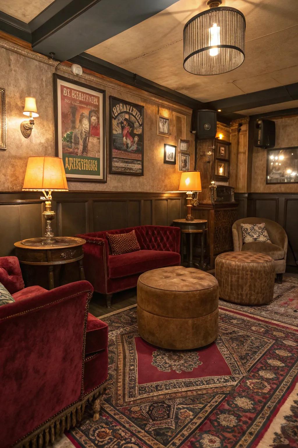 Sumptuous textiles add comfort and elegance to your home speakeasy.