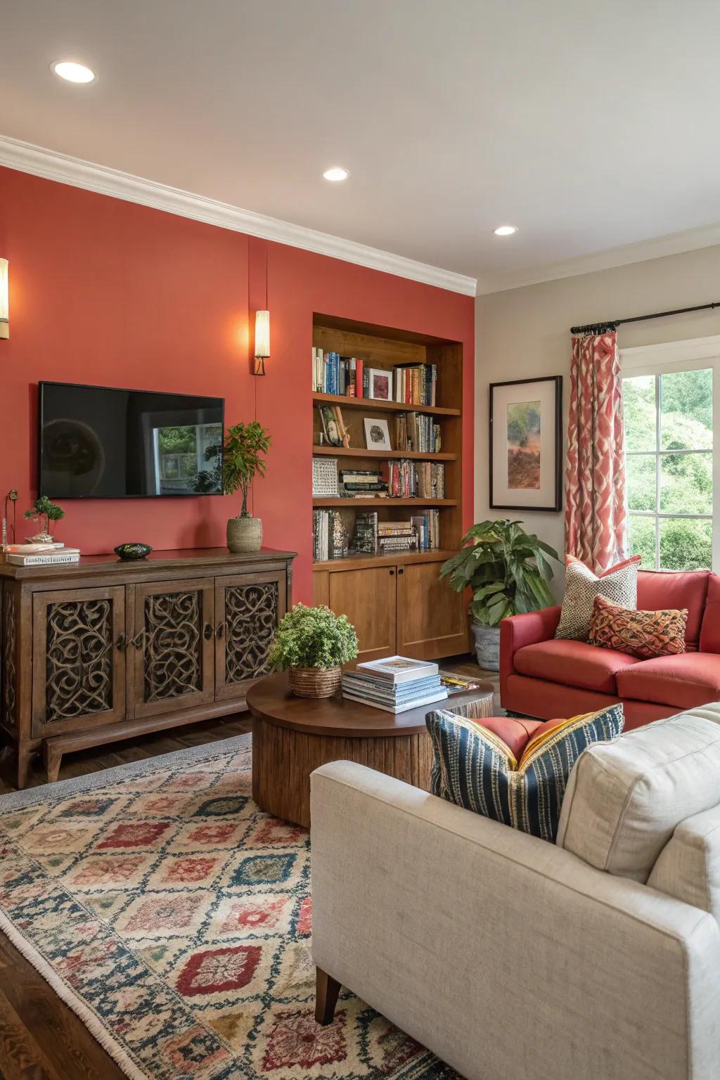 A living room showcasing a striking feature wall for added flair.