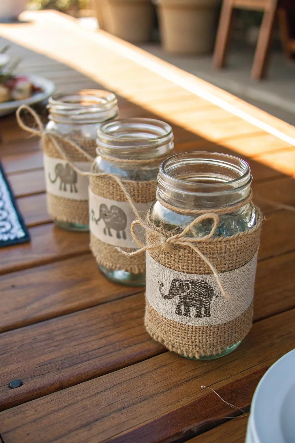 Rustic glassware with elephant embellishments.