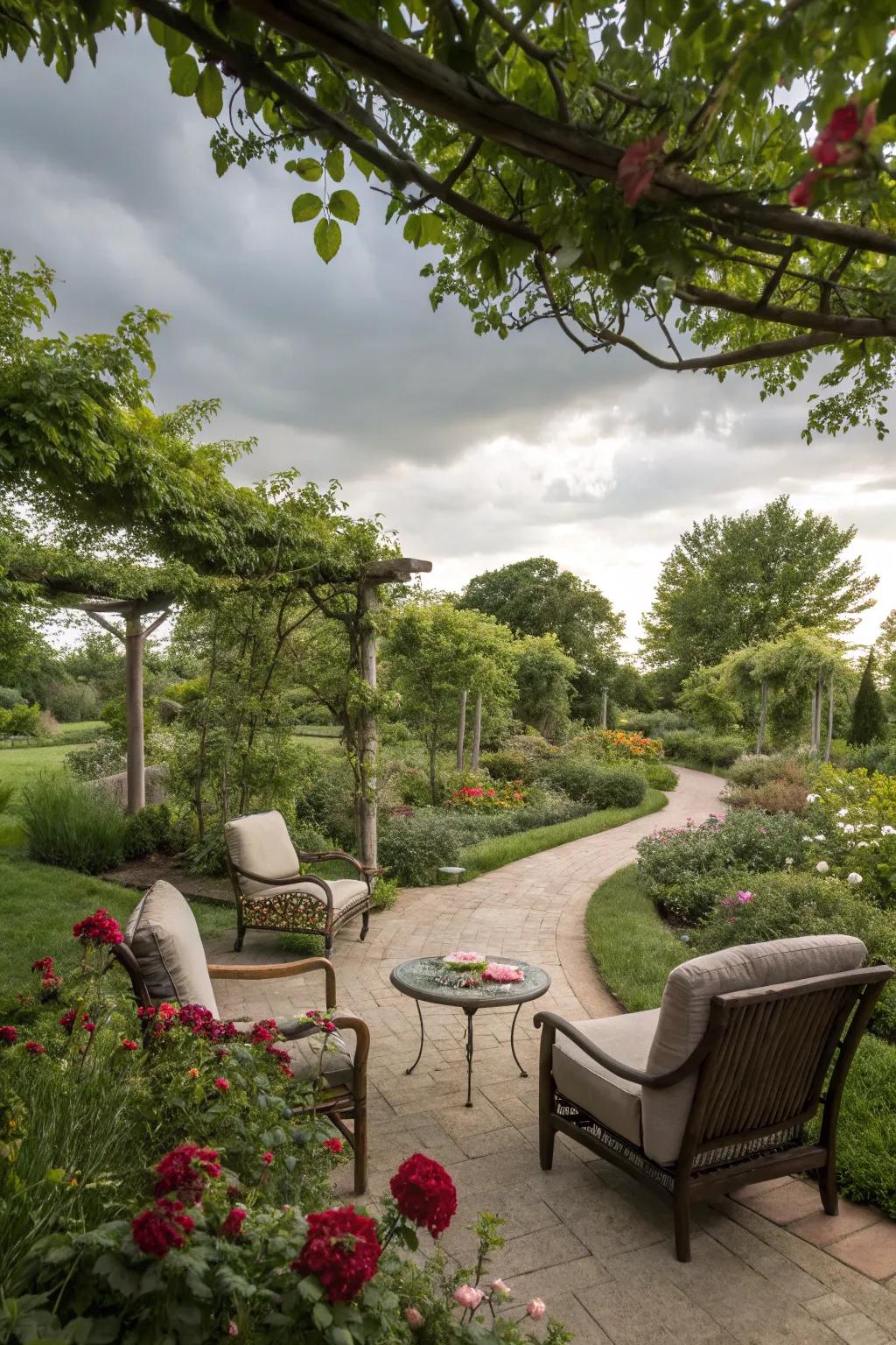 Tranquil botanical sanctuary filled with lush plants and comfortable seating.