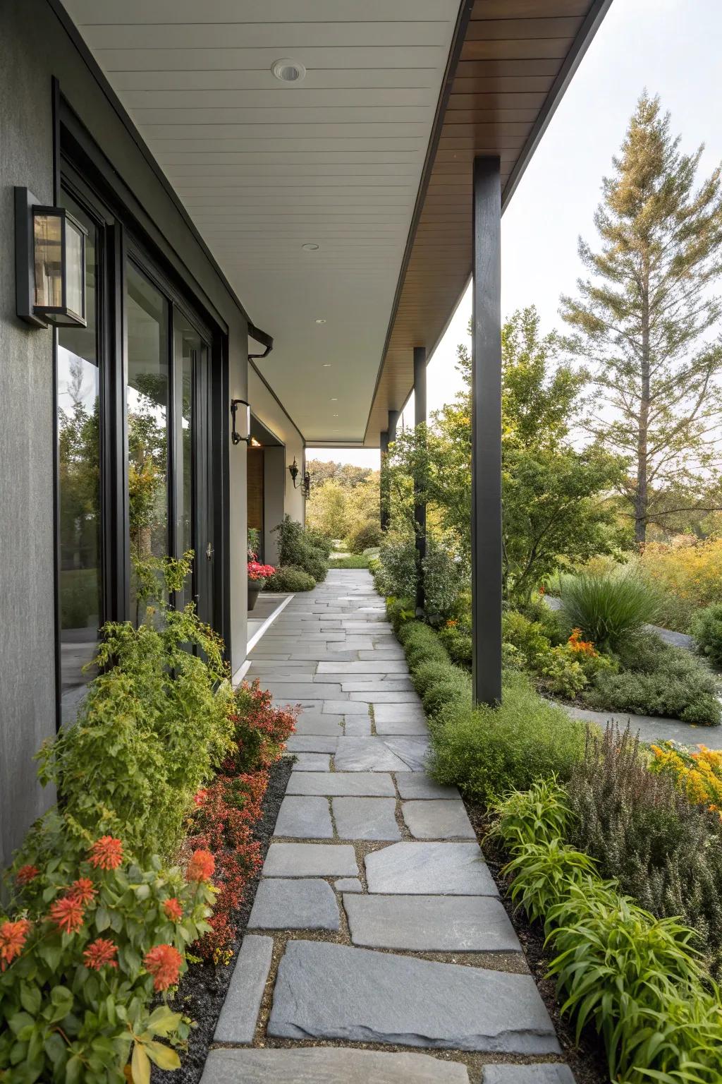 An enticing avenue bordered by foliage directs one toward this contemporary porch.
