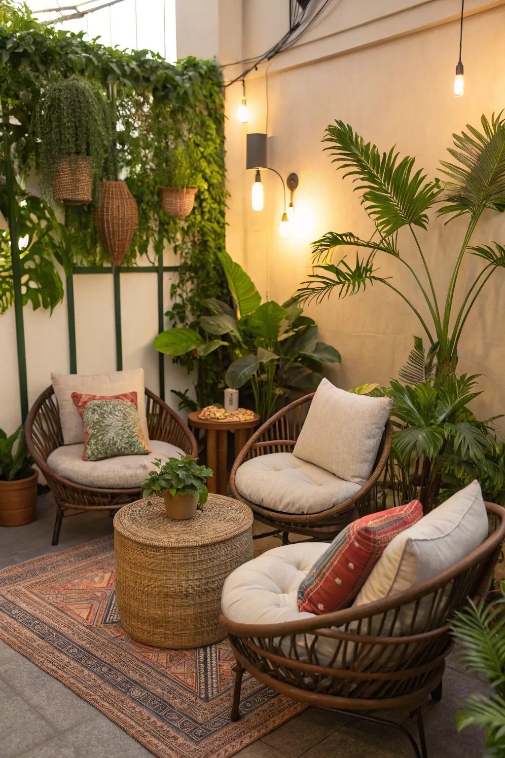 Fashion intimate recesses by employing cushions and flora to engender a welcoming atmosphere.