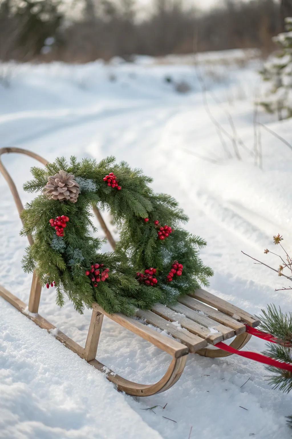 A festive sled showcasing an ornamental floral ring
