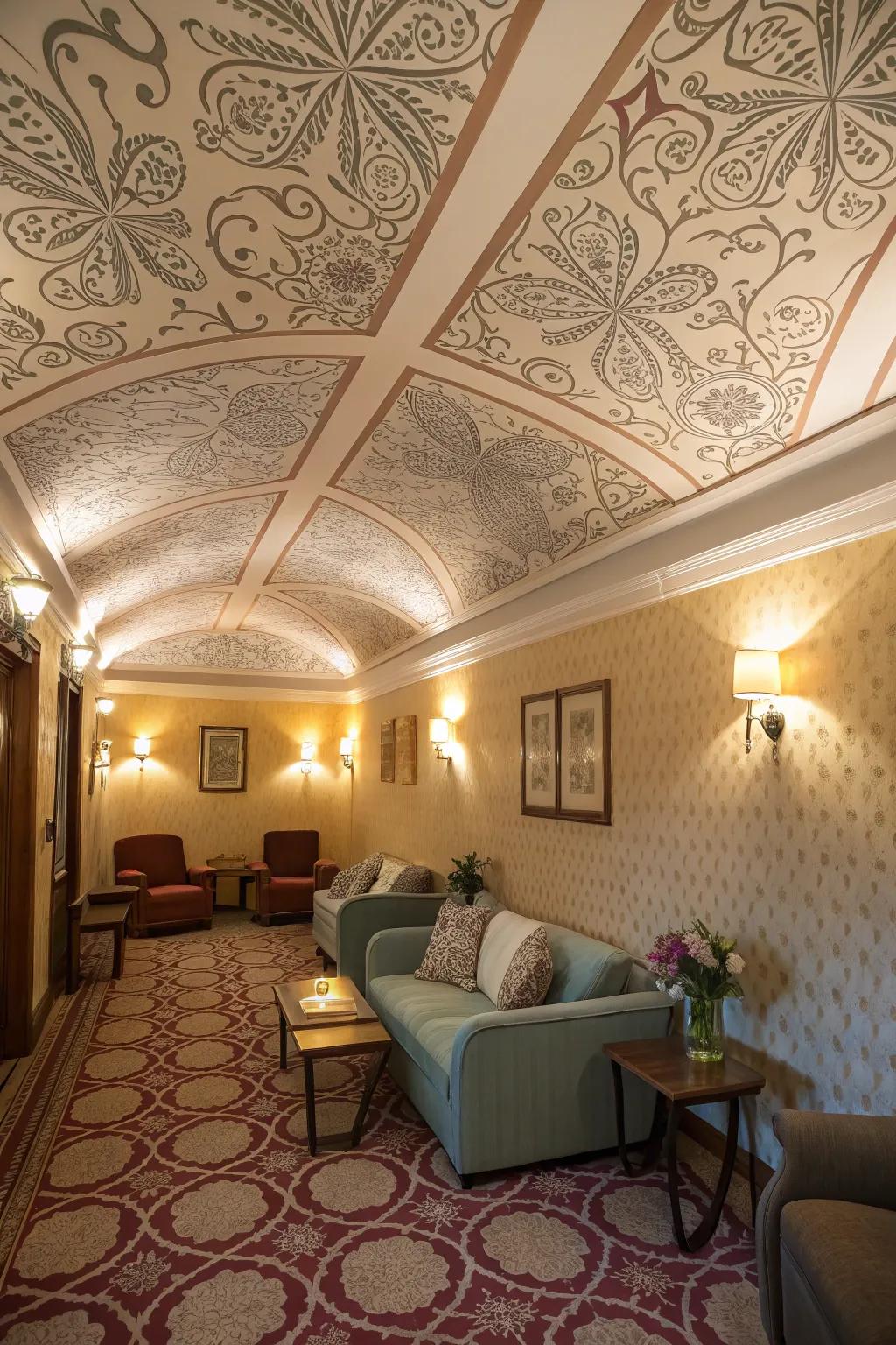 A snug chamber featuring a gorgeously patterned wall-covered overhead plane.