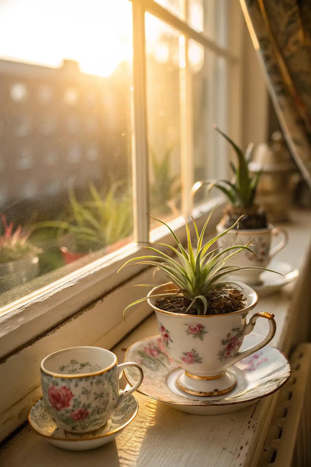 Vintage teacups showcasing air plants, contributing a whimsical touch.