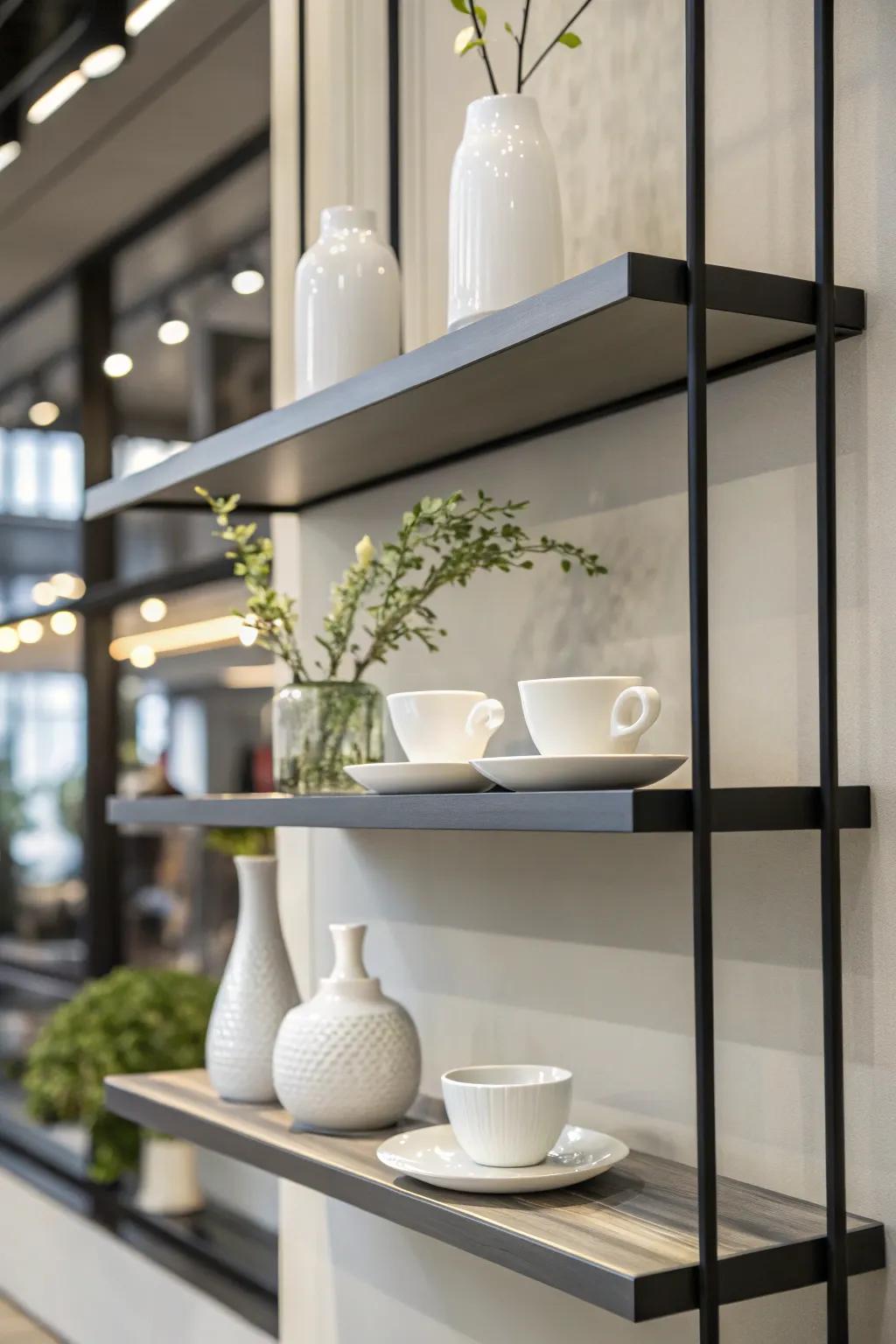 Minimalist elevated shelves elegantly exhibiting a selection of china.