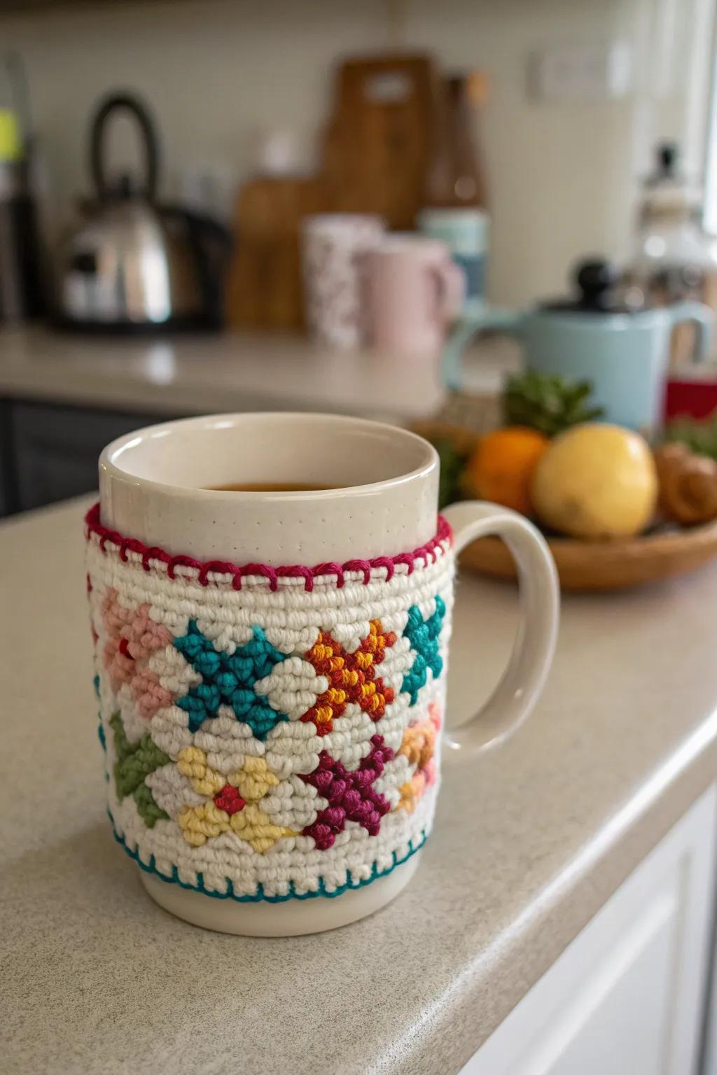 Cross stitch mug cozies imbue a cozy element into your kitchenware