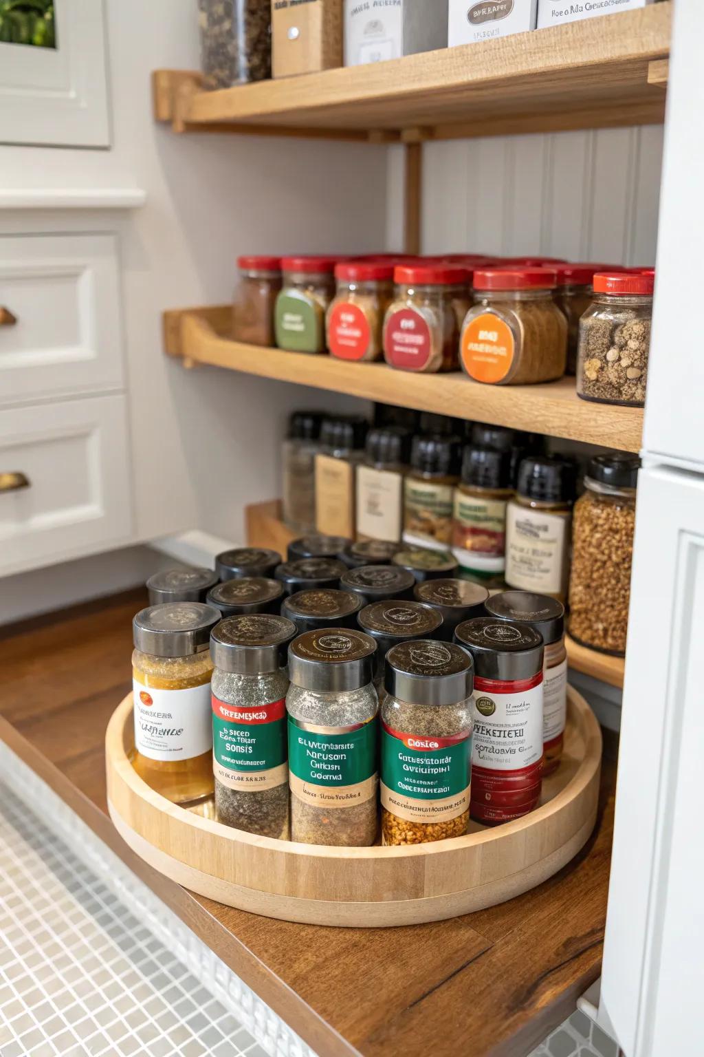 A rotating tray allows effortless spice access in pantry corners.