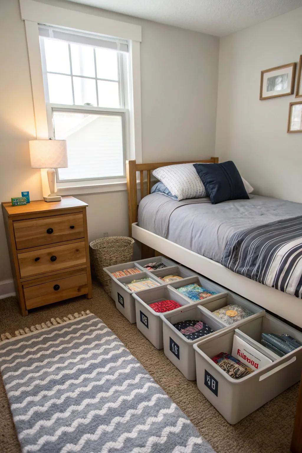 Under-bed storage solutions maintaining a clutter-free bedroom ambiance.