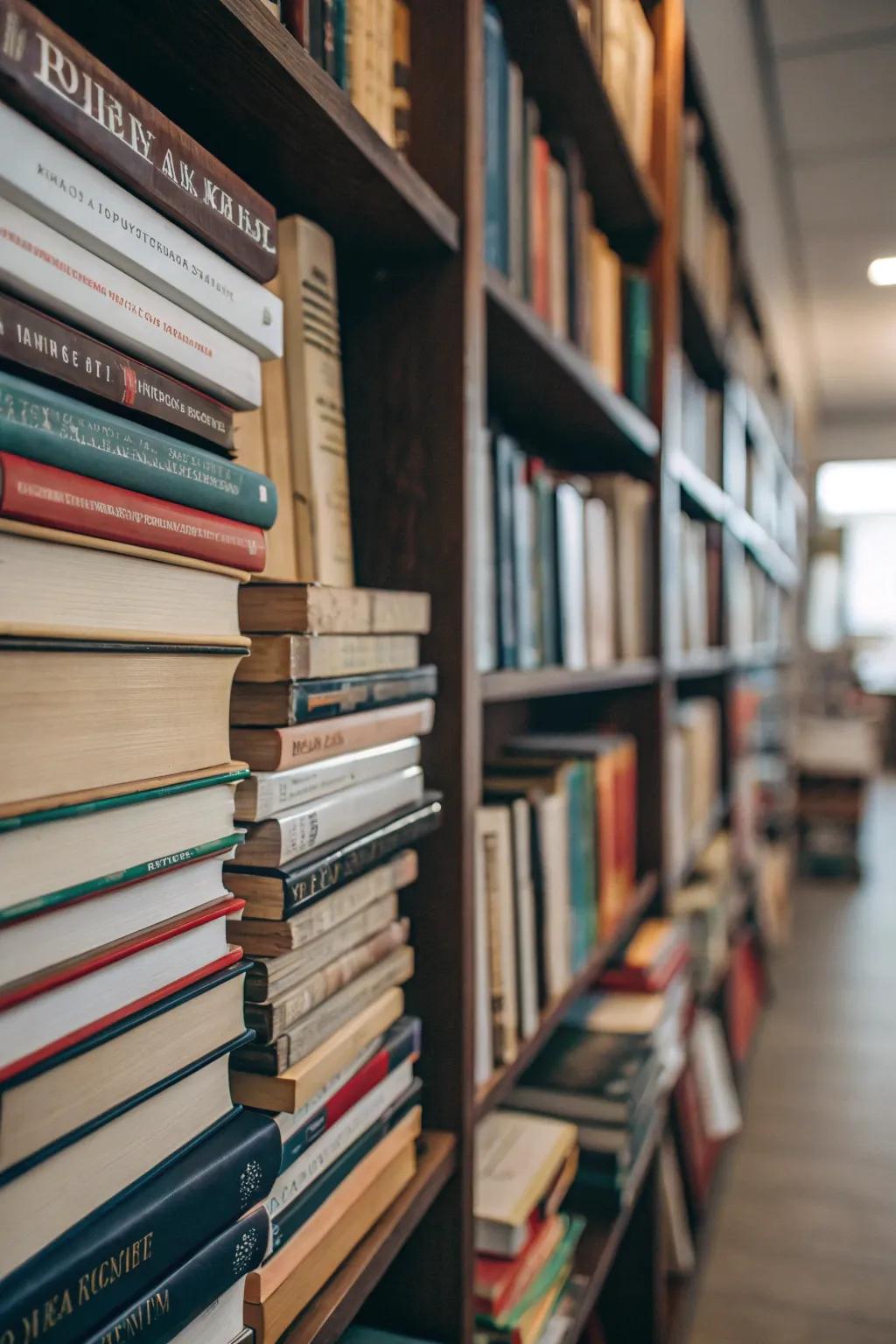 Layered stacking enriches the depth of a bookshelf
