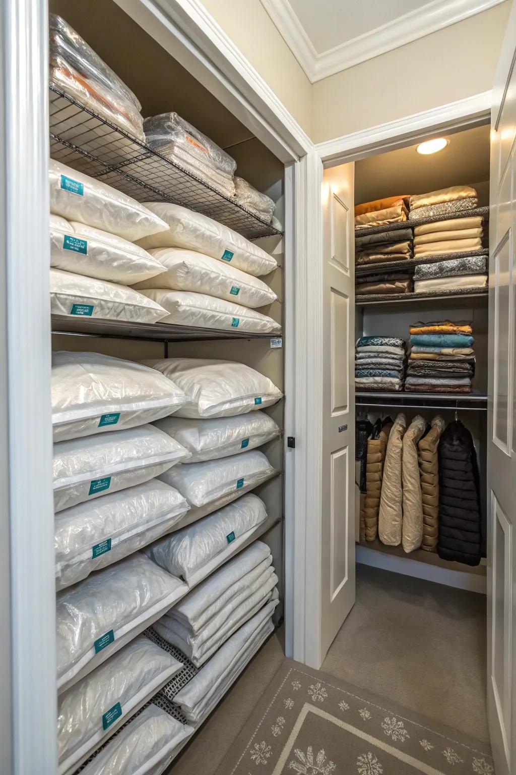 Rotate and stow seasonal items effectively to maintain a tidy closet.