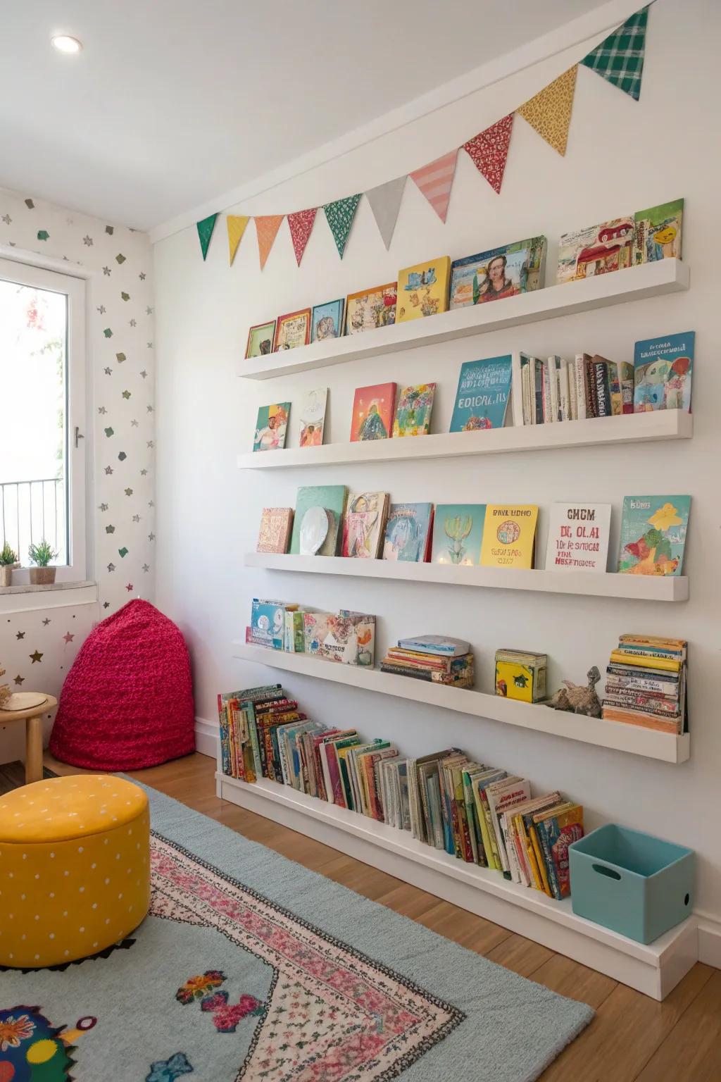 Shelves on the wall liberate floor area and foster reading.
