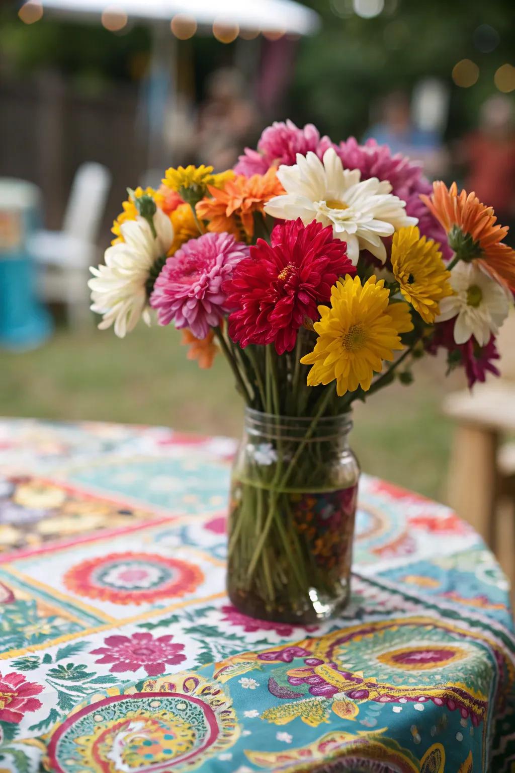 A colorful arrangement employing color grouping methods.