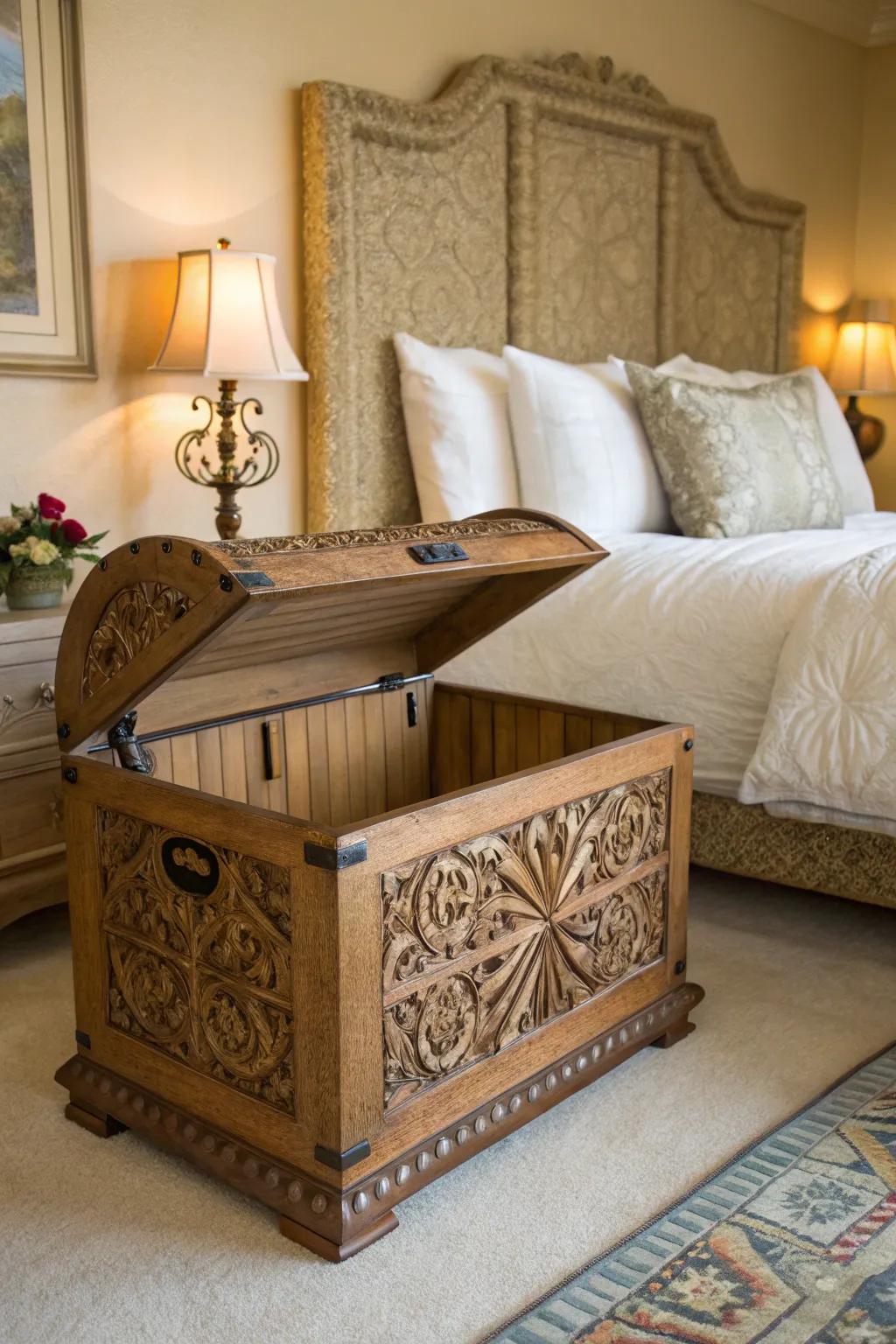Comforters arranged within an ornamental case positioned at the base of a bed.
