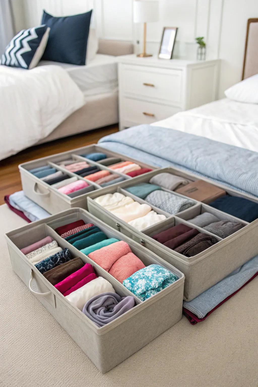 Use under-bed containers to stow leggings out of view while keeping them easily retrievable.