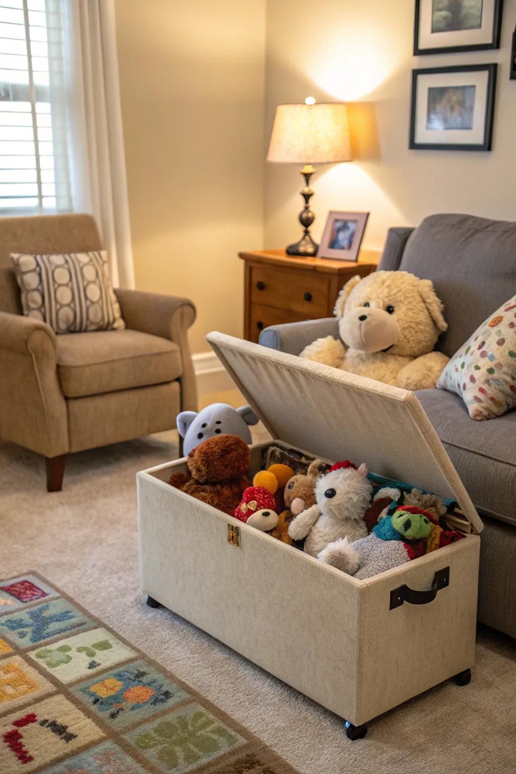 A storage ottoman provides concealed storage and additional seating.