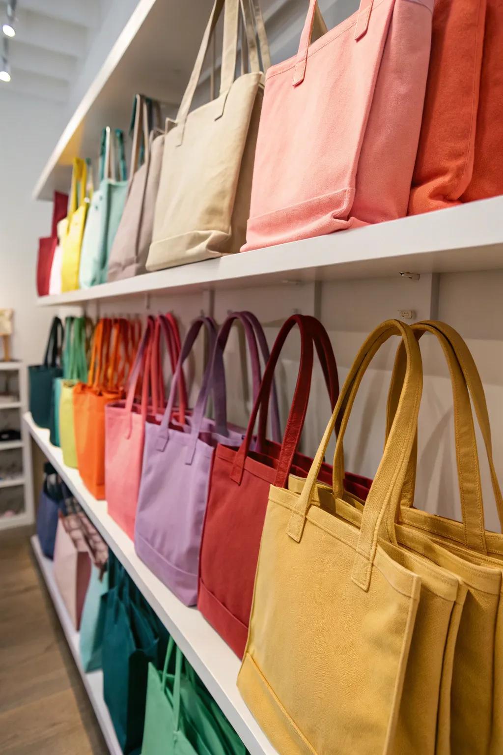 Arranging carryalls by hue introduces an element of harmony to your storage.