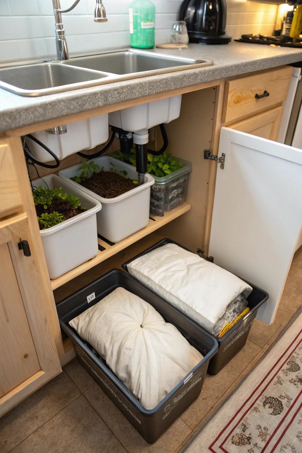 An indoor vermicomposting unit carefully positioned beneath the kitchen sink, ideal for small spaces.