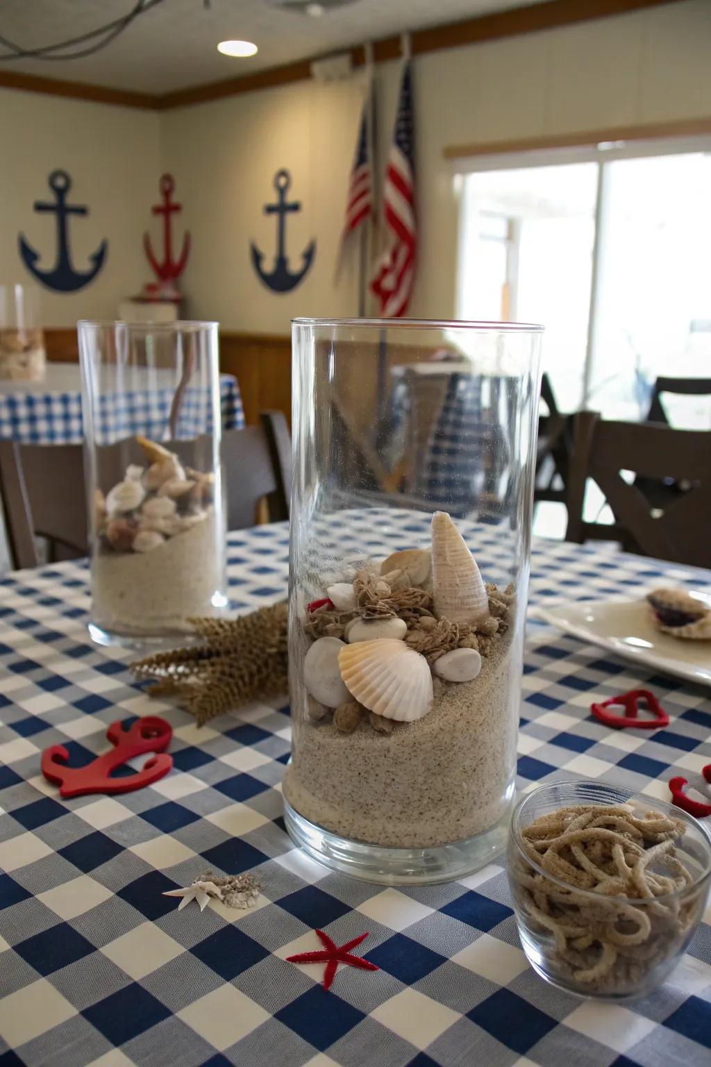 Sand and seashells contained in hurricane vases, designed for a beach-inspired centerpiece.