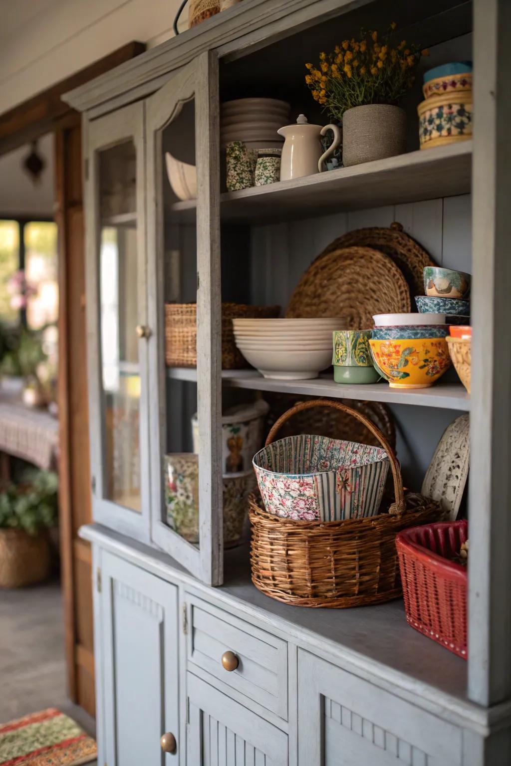 Textural accents enhance the depth of this inviting hutch.