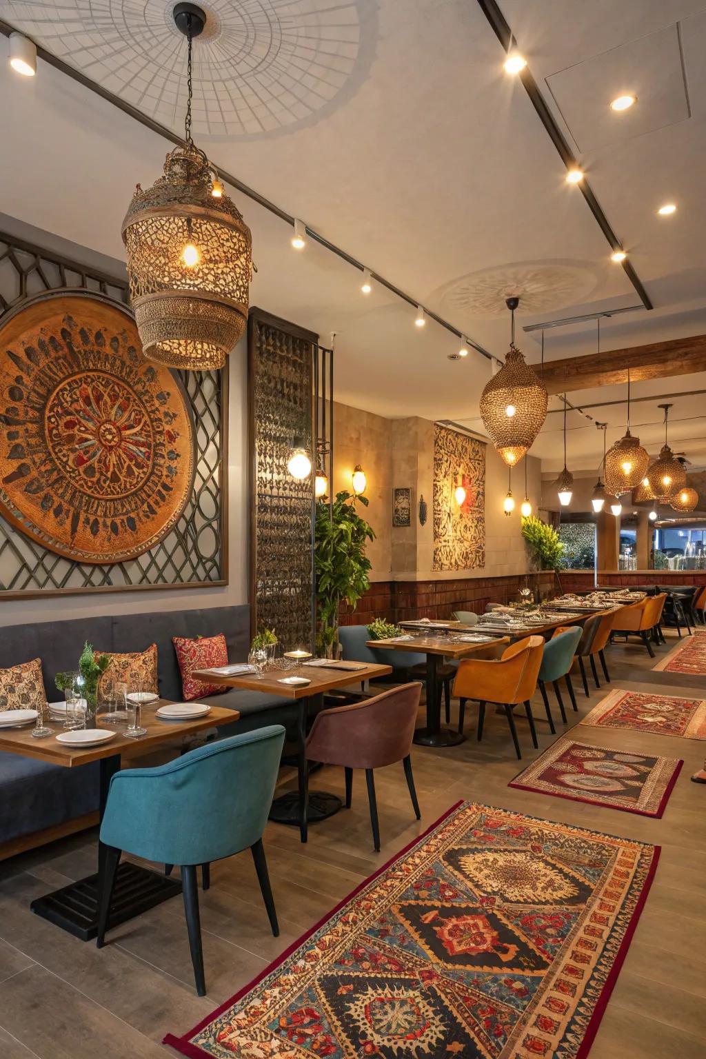 A combination of modern and classic design elements enhances an Indian restaurant.
