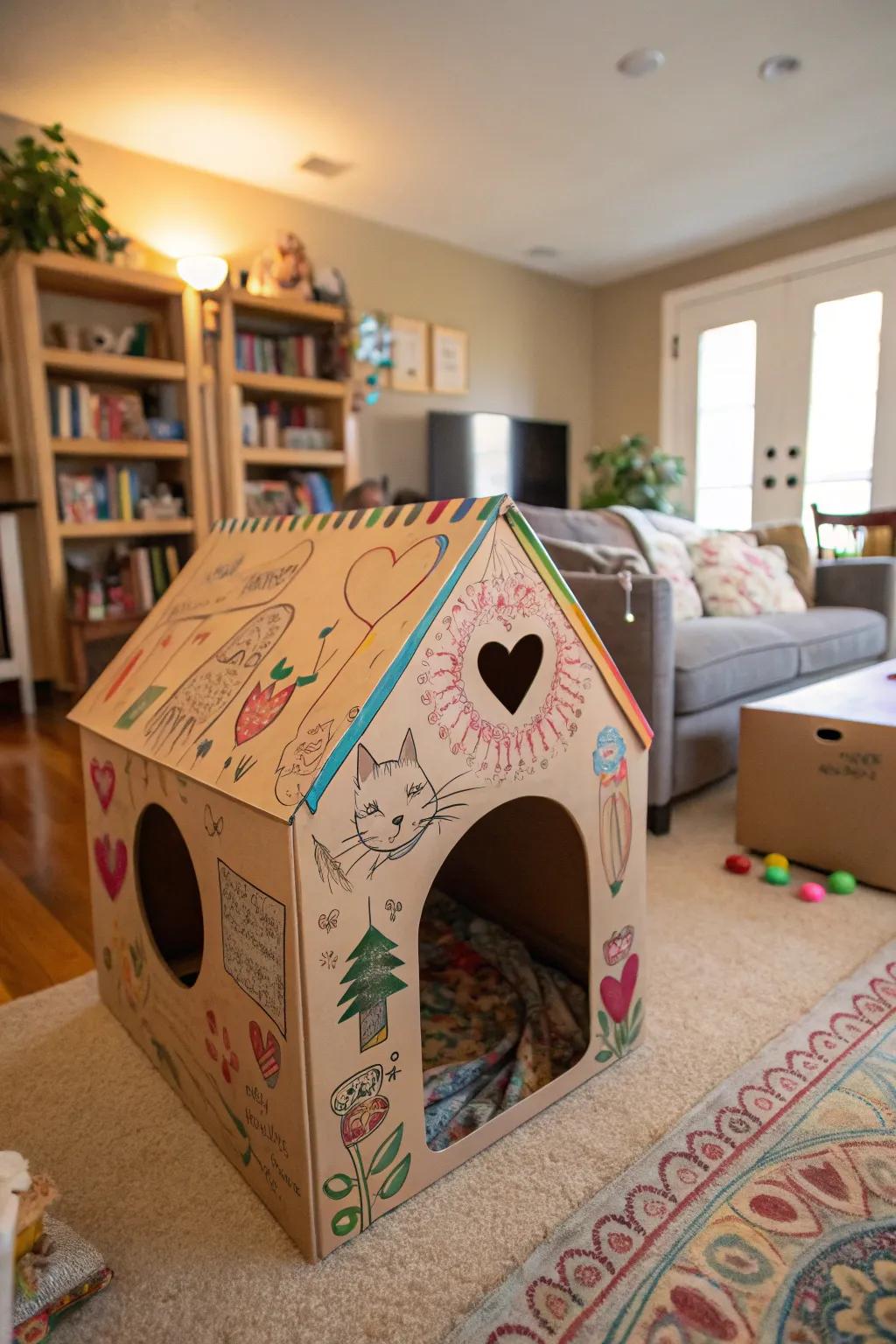 A budget-conscious corrugated retreat for inquisitive cats.