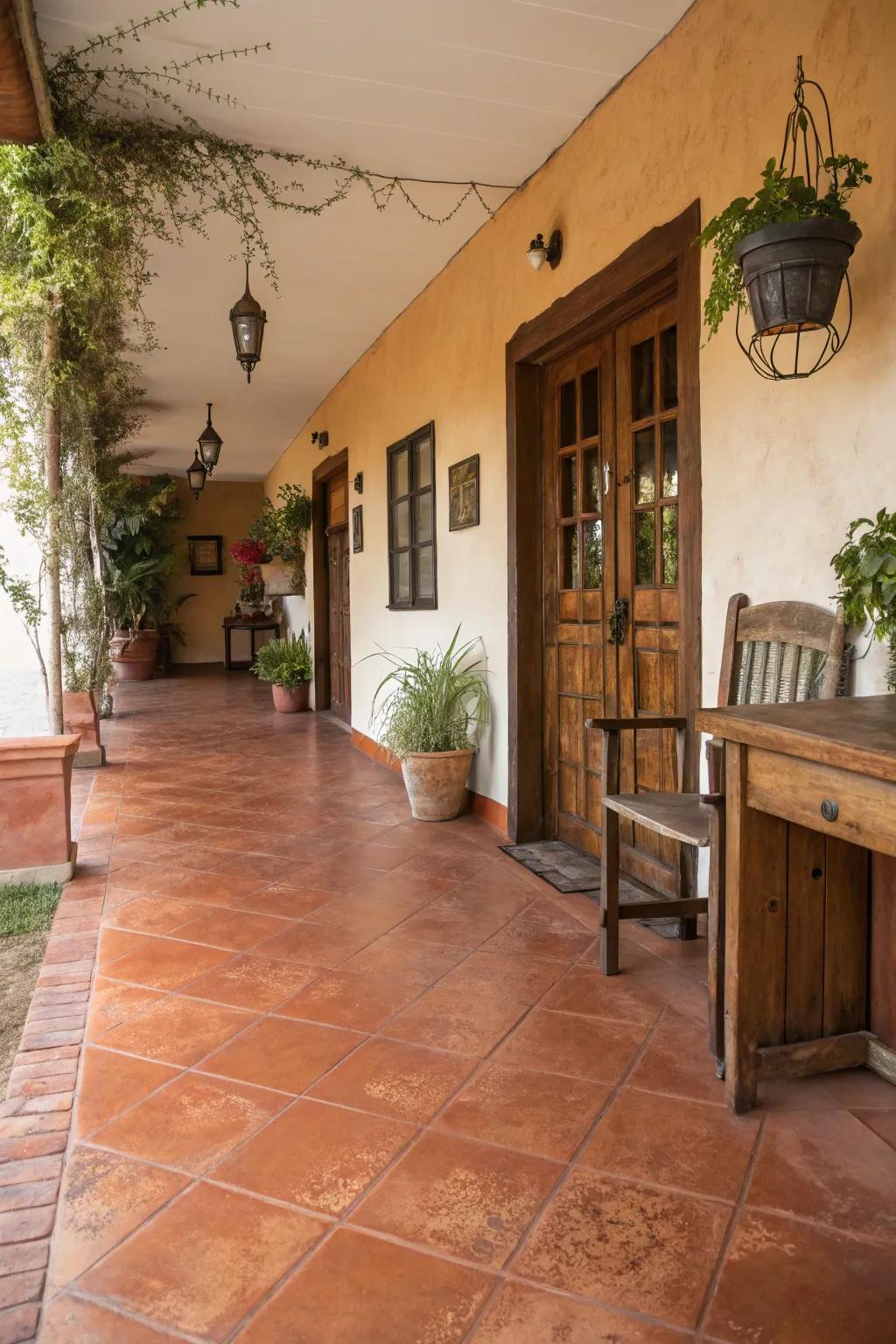 Warm terracotta shades on a concrete floor contribute a welcoming touch to this rustic entryway.