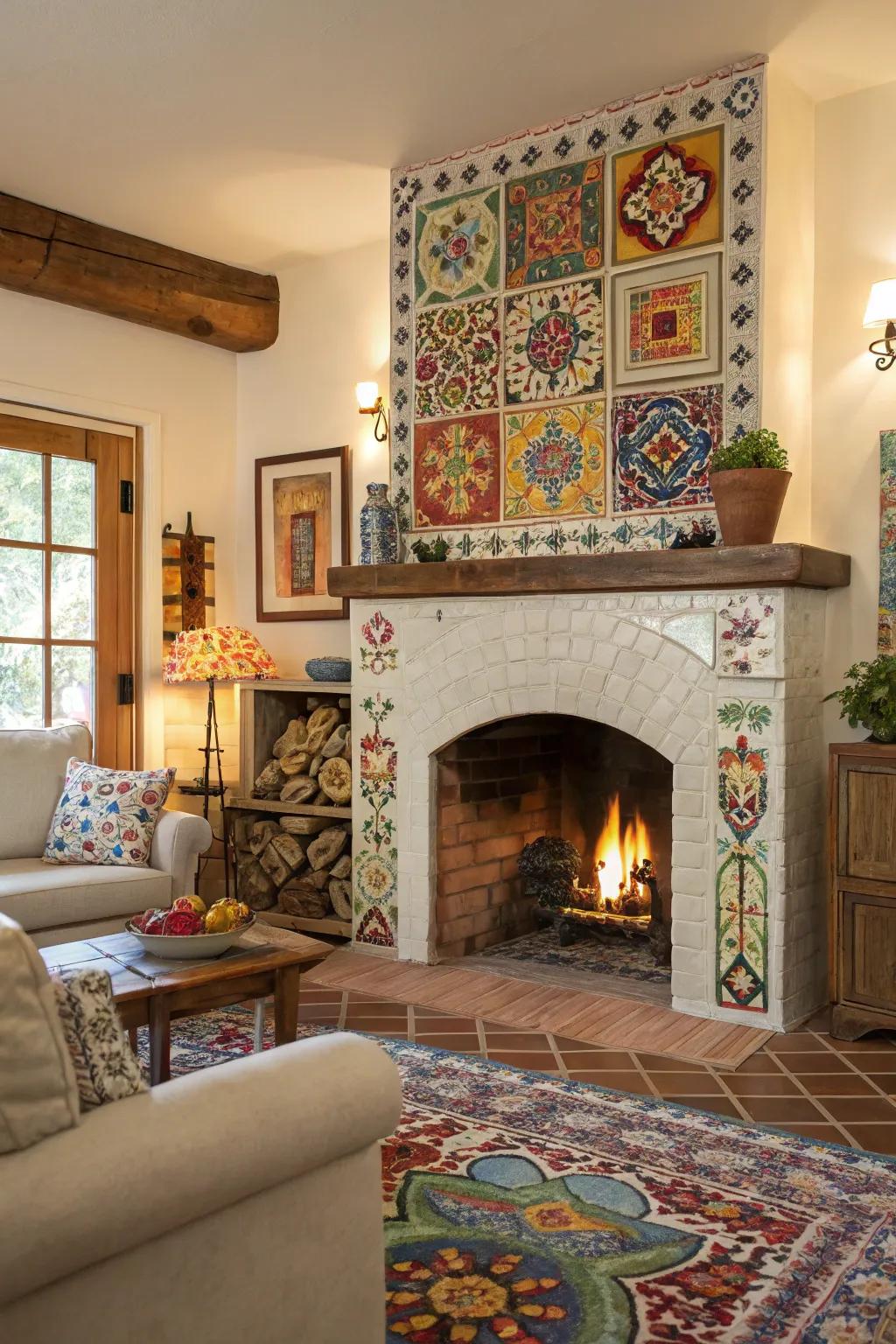 A living space featuring a hearth bordered by vibrant, hand-painted tiles for a diverse visual charm.
