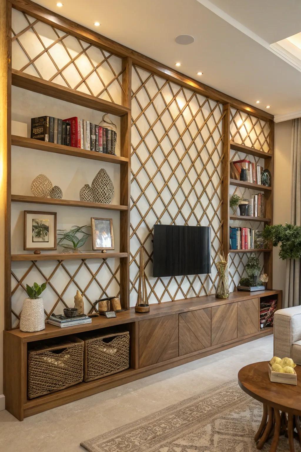 Lattice design integrating shelving, a dual-purpose marvel for display and storage.
