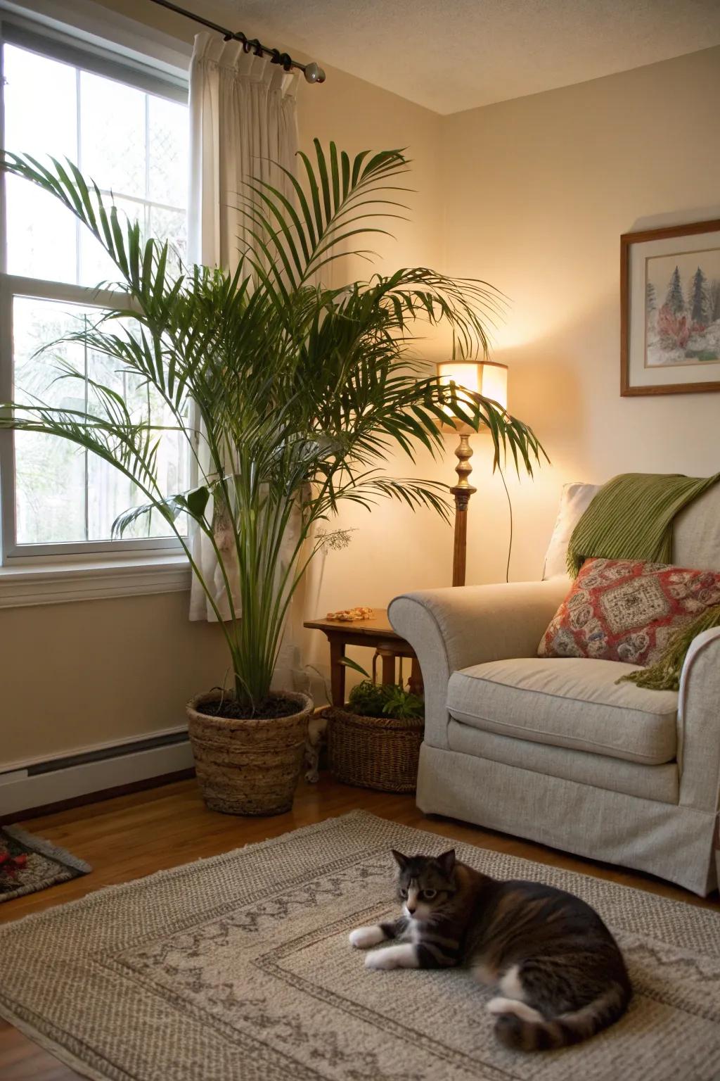 Introduce tropical charm through creature-safe drawing room palms.
