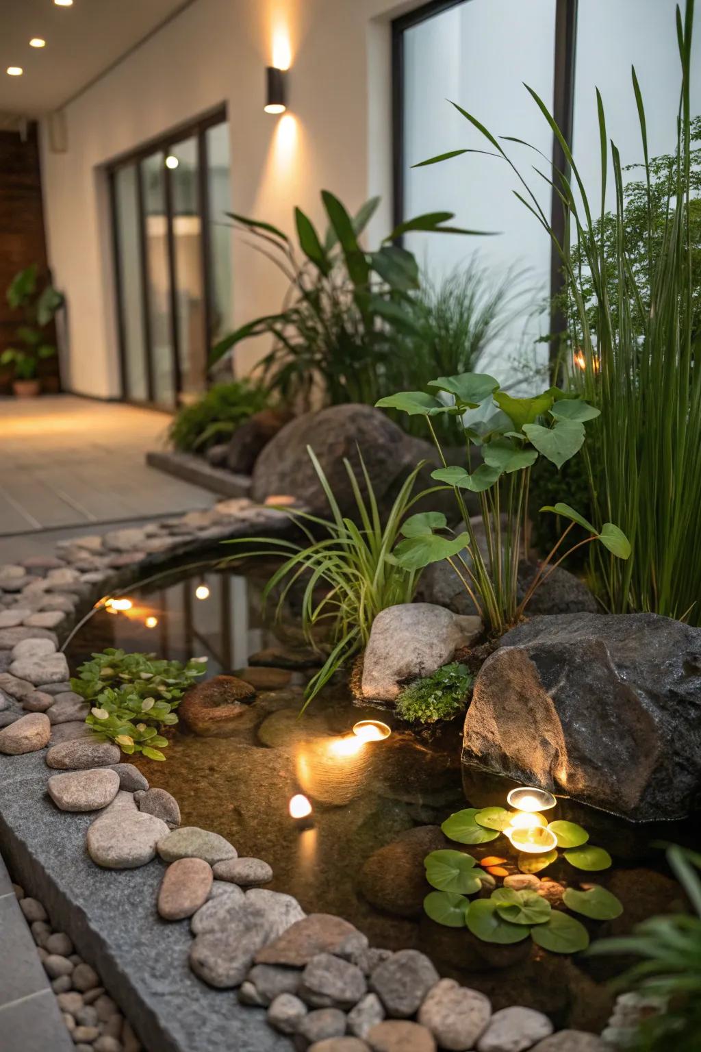 Ambient lighting adds a magical touch to interior ponds.