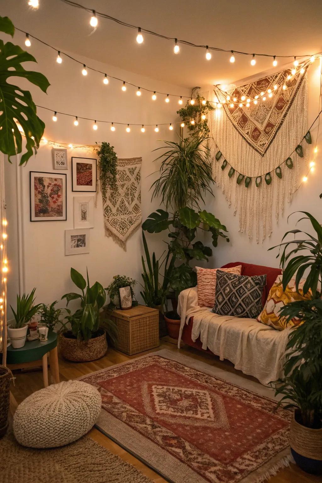 Realize a bohemian atmosphere with fairy lights, vegetation, and varied ornamentation.