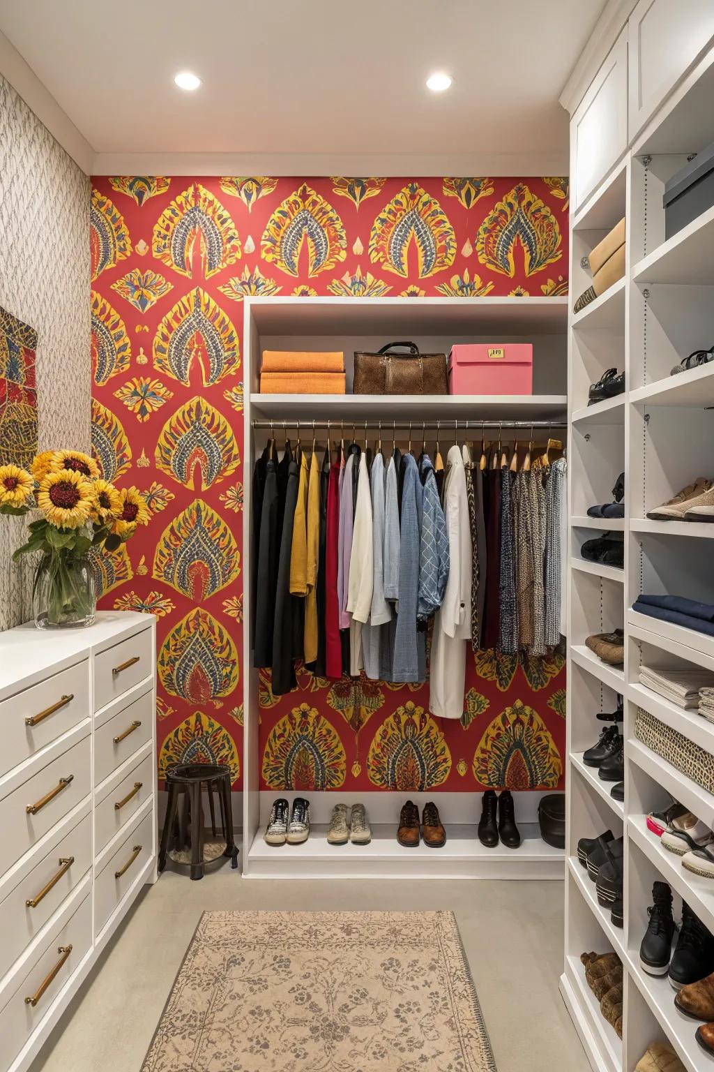 Infuse your closet with character using accent wallpaper.