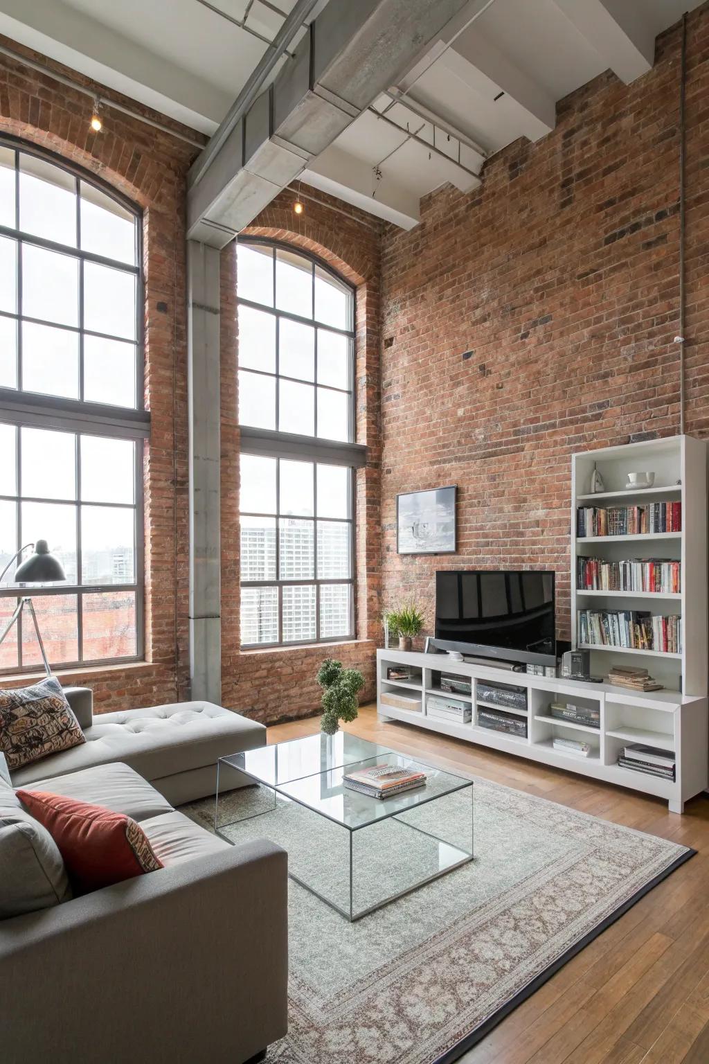 An urban loft-style open-layout living area with a brick wall, radiating spaciousness and style.