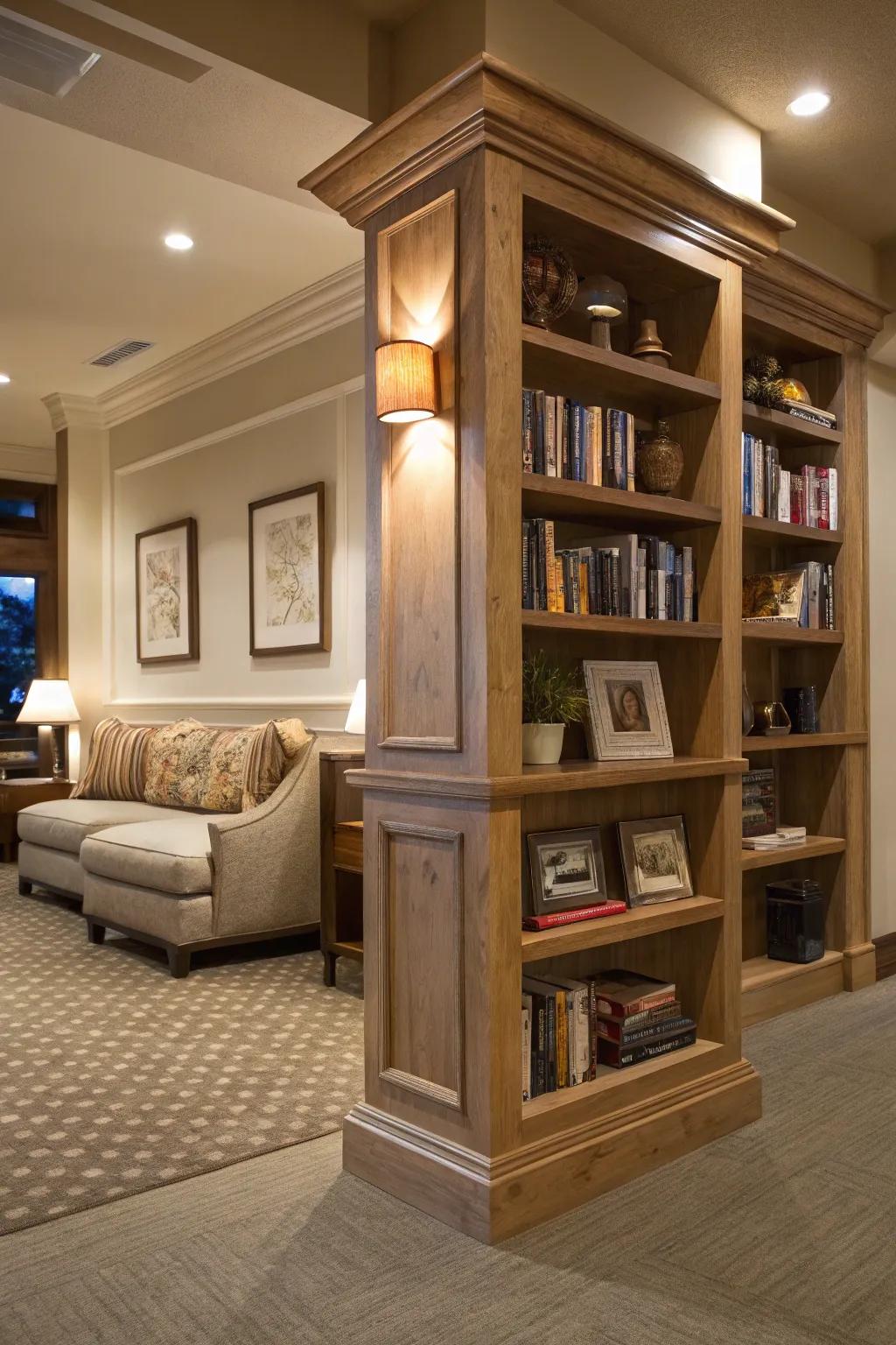 Shelving configurations atop columns enrich fashion and storage prospects.