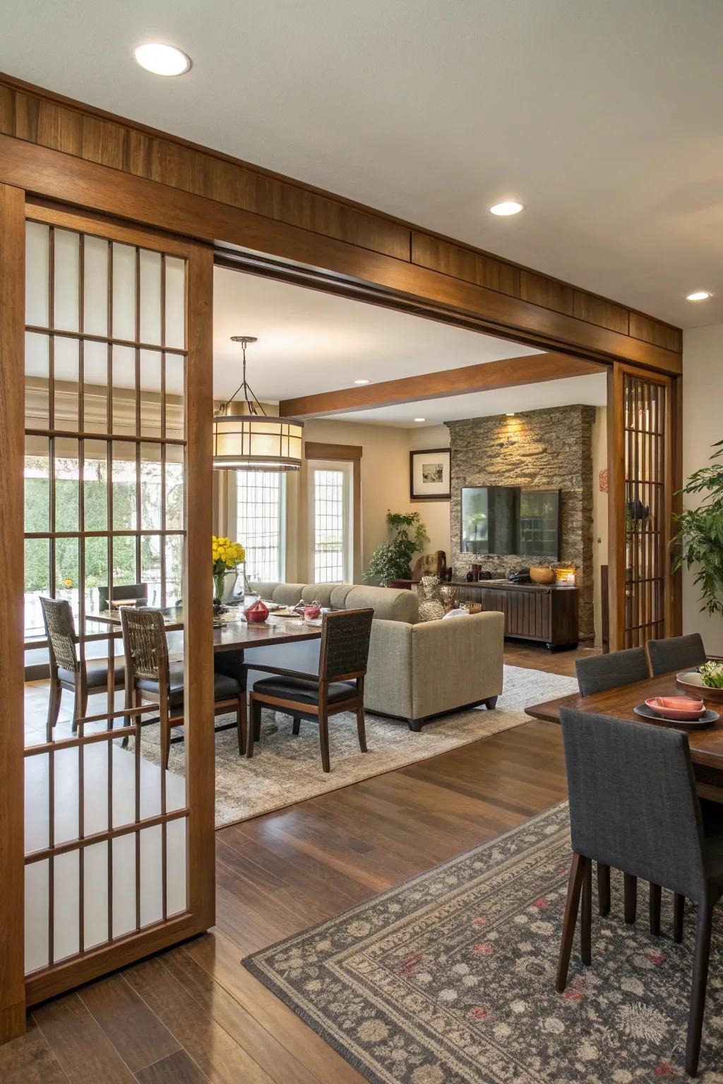 An open-concept area featuring a trimmed divider, which creates distinct zones.