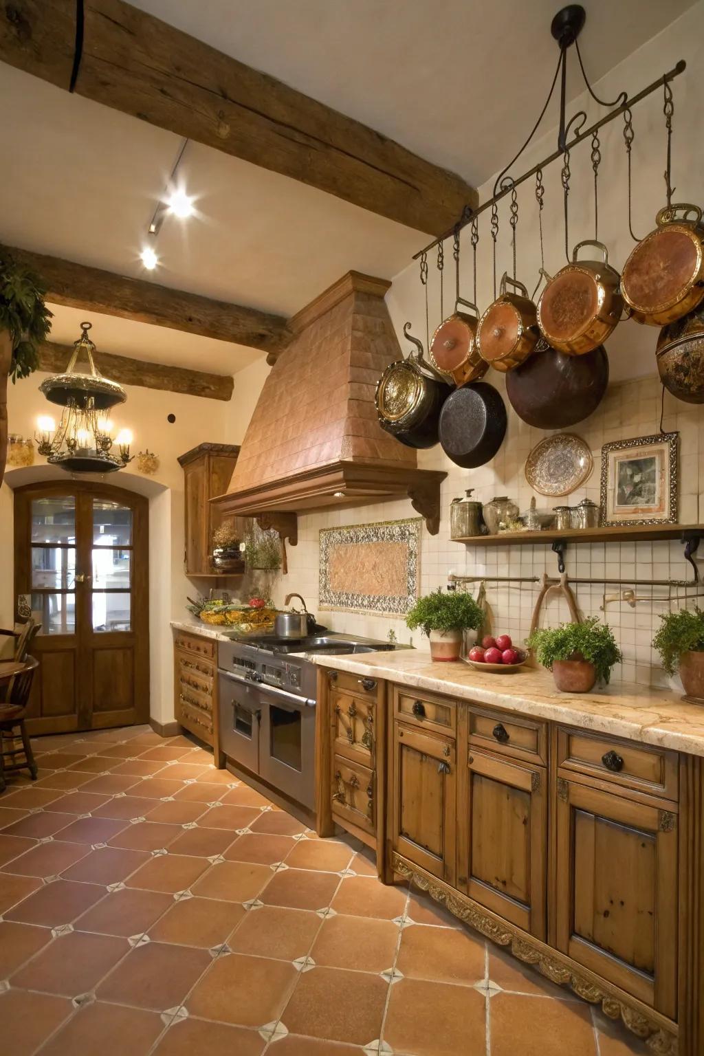 Practical design like hanging pots includes rustic beauty.