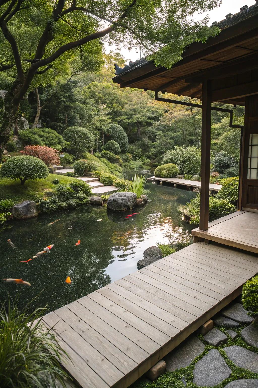 A wood deck delivering a tranquil viewing vantage in a Japanese garden.