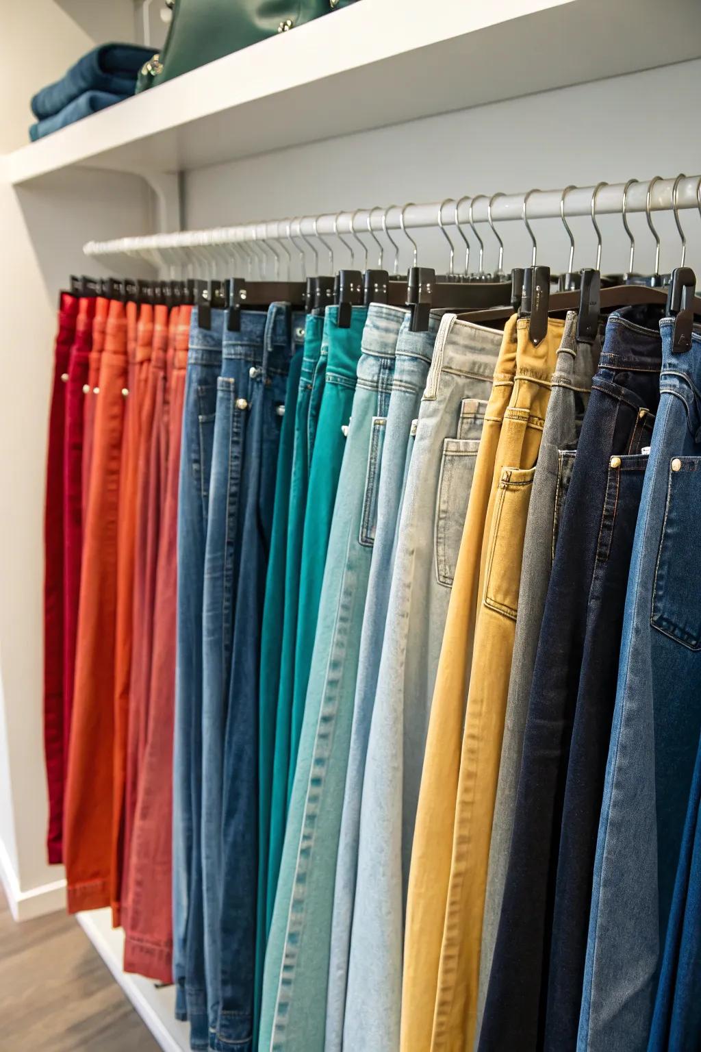 Organizing your jeans by color results in a visually striking and functional closet.