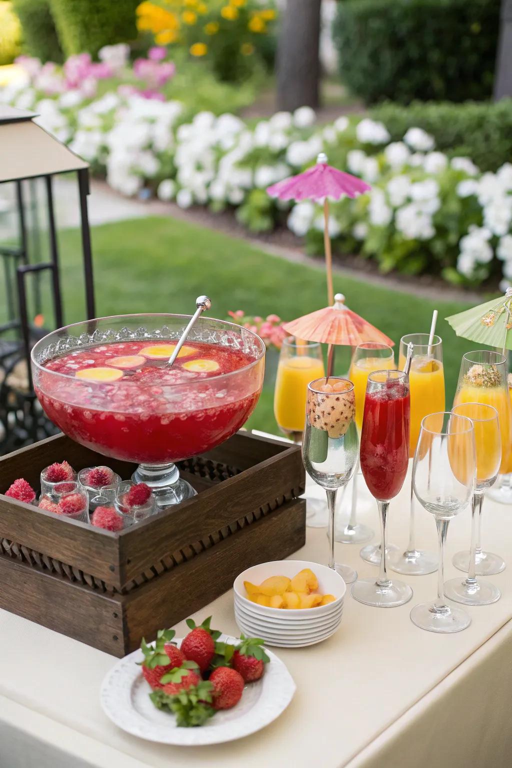 A sophisticated refreshment station with vibrant punch and elegant stemware.