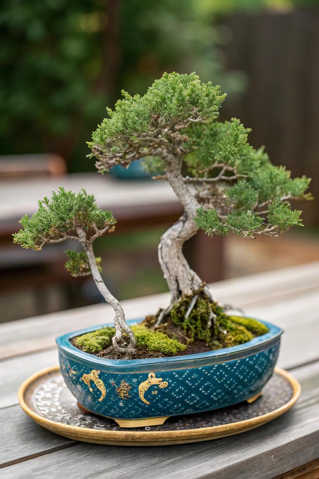 A paired stem juniper bonsai symbolizing unity atop an ornamental fired clay charger.